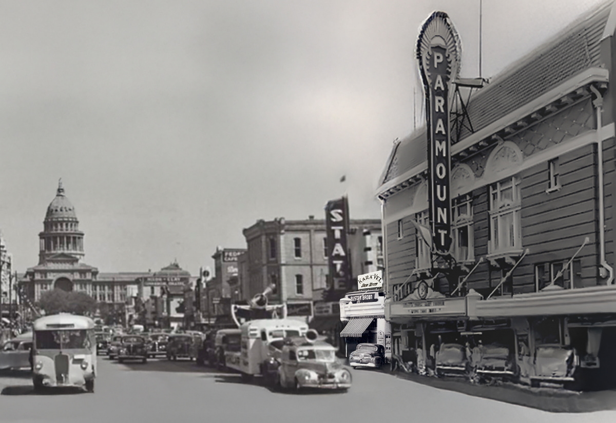 Karavel Shoes Congress Avenue location, showing downtown in the 1930s.