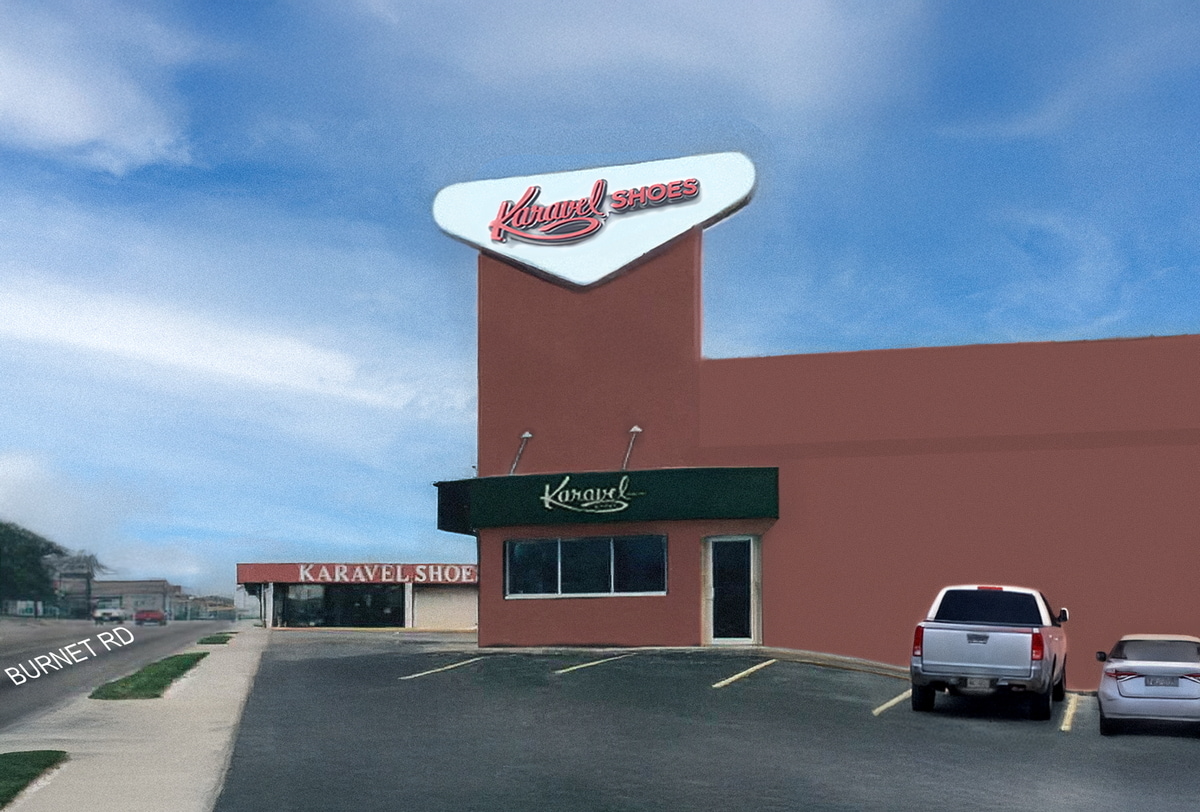 Exterior view of the Karavel Shoes store on Burnet Lane.