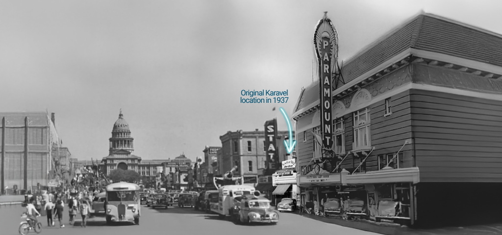 Karavel Shoes Congress Avenue location, showing downtown in the 1930s.